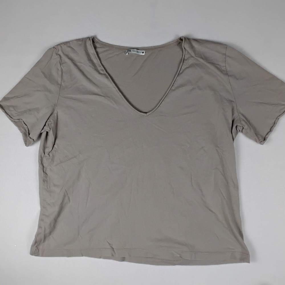 Zara Womens V Neck Cityon Shirt Beige Short Sleeve Cotton Tee XL
